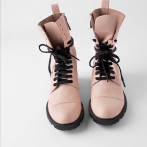 ZARA Valentines Pink Leather Lace-Up Combat Boots SZ 9 LEATHER 💗💓💓💓